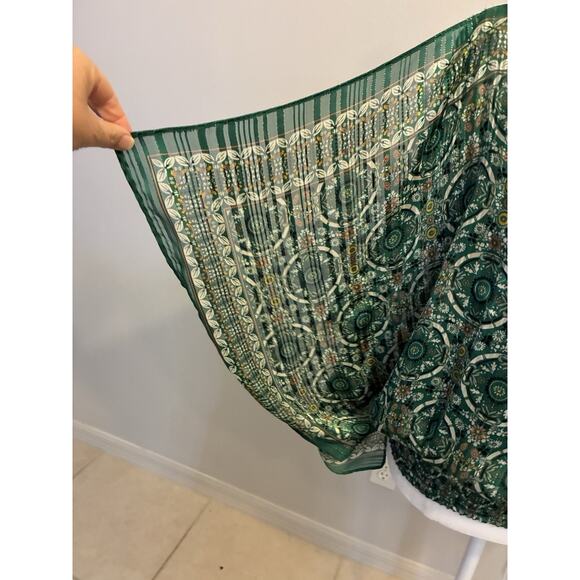 Max Studio Boho Handkerchief Blouse M Emerald Green Gold Smocked Hem Artsy Retro - Picture 6 of 14